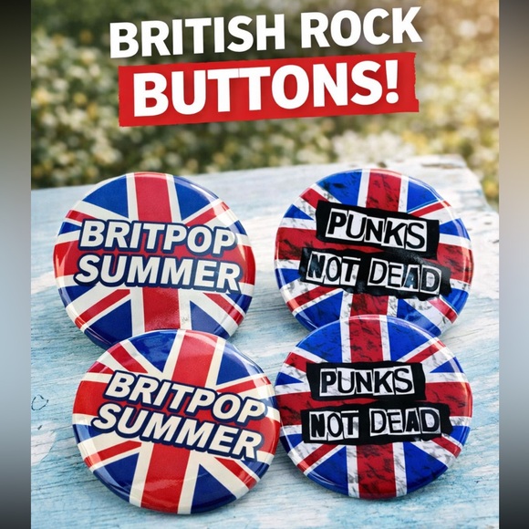 British Rock Buttons! Punk Rock Union Jack Flag -Set of 4 - Picture 1 of 11